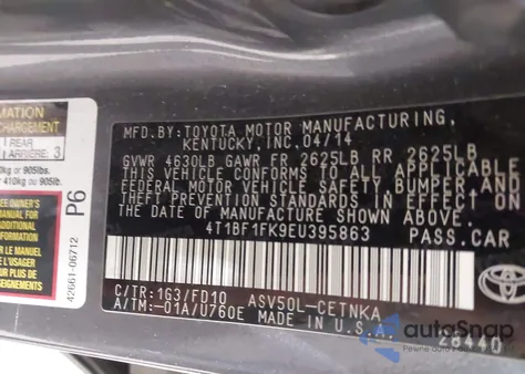 2014 Toyota Camry Le z USA, uszkodzony, nr VIN 4T1BF1FK9EU395863